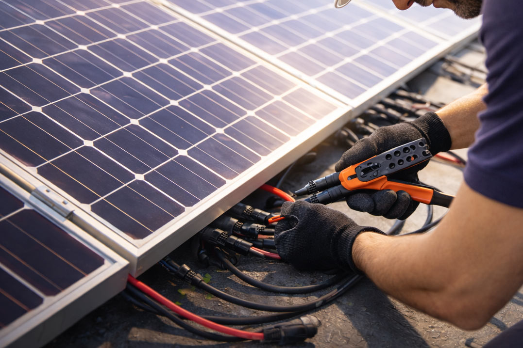 Technicien connectant des panneaux solaires – zéro sous-traitance Acces Énergies